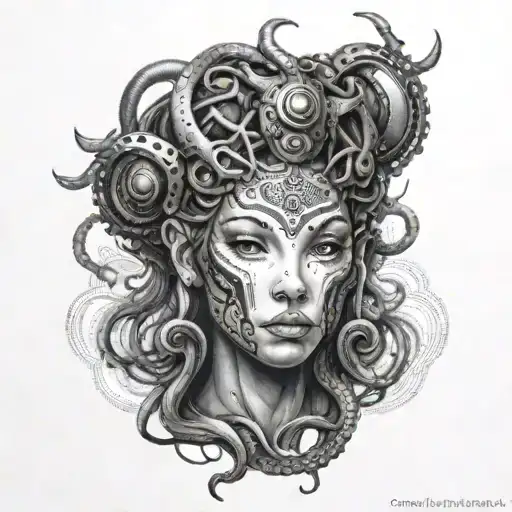 A dotwork tattoo of a Medusa-inspired cyborg, blending the mythological creature with futuristic technology in a striking and detailed composition tattoo design idea
