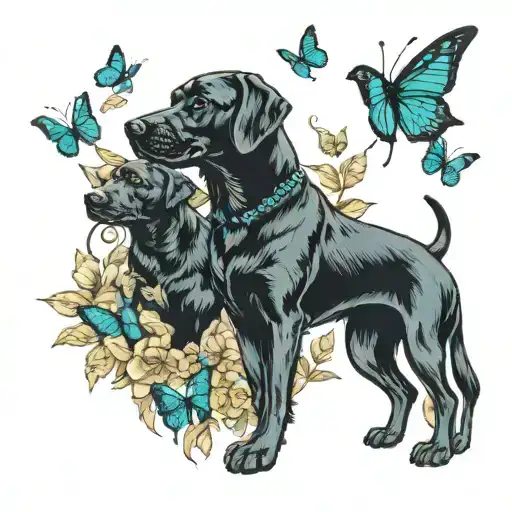 Black Labs with Teal Butterflies surrounded tattoo design idea