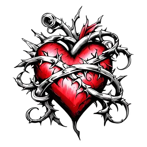 heart with scroll and thorns wrapped loosely tattoo design idea