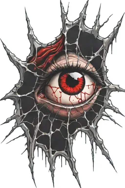 Satanic Realistic Eye, cracked and bleeding. dark black blood red. Bleeding Thorns black spider web tattoo design idea
