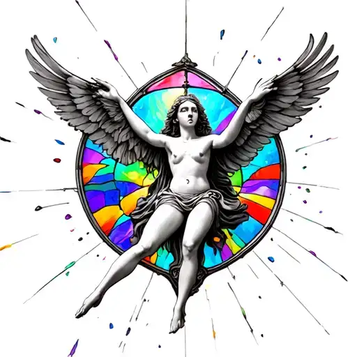 figure from in utero nirvana flying through colourful glass from Catholic Church  tattoo design idea