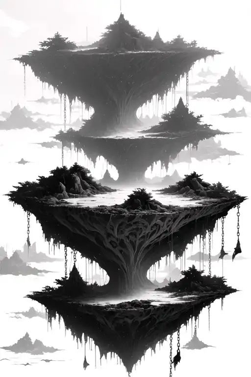 several floating islands suspended in the sky, each island varying in size and shape The islands are connected by chains tattoo design idea