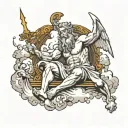It represents Zeus in a majestic pose, perhaps sitting on a cloud, with his scepter and a thunderbolt in his hand. His sguard tattoo design idea