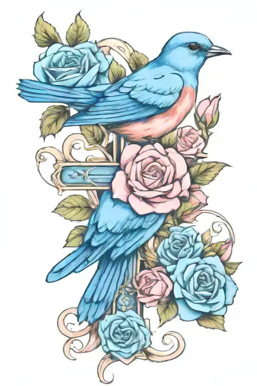 bluebird with pink roses intertwined with a cross tattoo tattoo design idea
