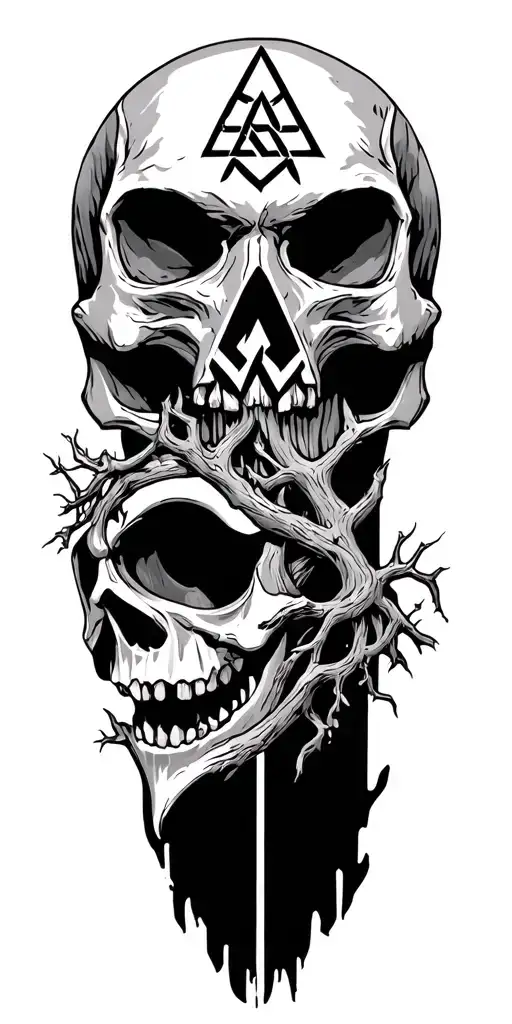 skull forehead valknut, Yggdrasil tree tattoo design idea