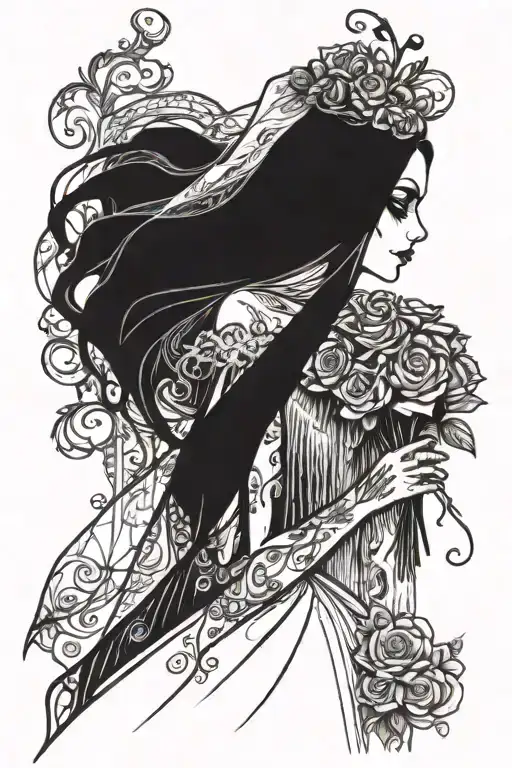 The Corpse bride from the tim burton film in her original wedding dress and veil holding her bouquet of flowers tattoo design idea