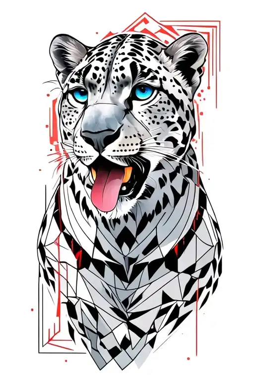Snow Leopard with blue eyes and his tongue is coming out of his mouth and he looks left, surrounded with red environment tattoo design idea