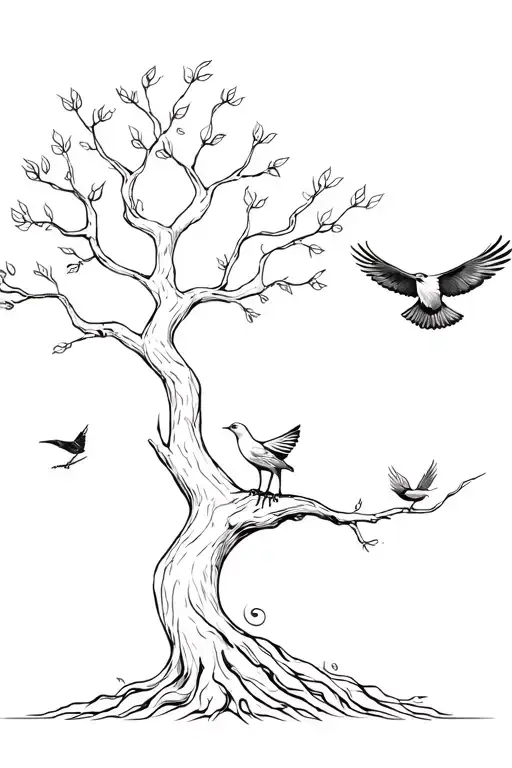 Tree of life along with an eagle flying off and a sparrow and dove sitting on it  tattoo design idea