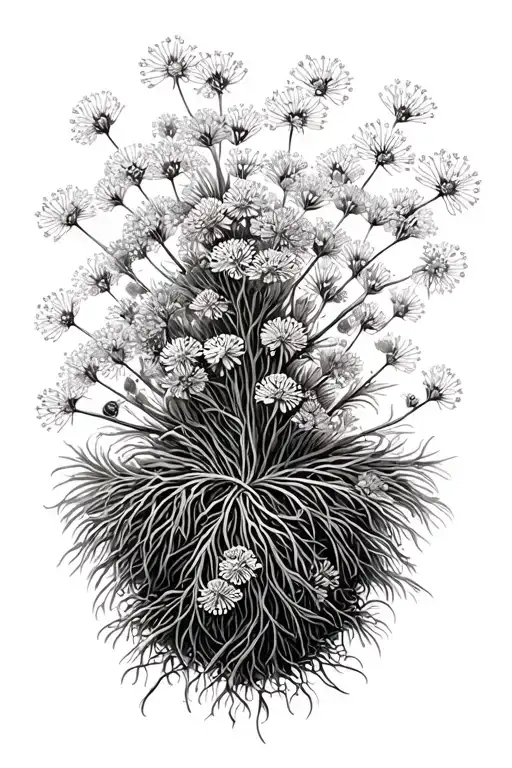 cow parsley plant head like a root with acacia and pine tree interwoven  tattoo design idea
