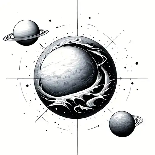 geometry wave sun planets between breasts for girl tattoo design idea