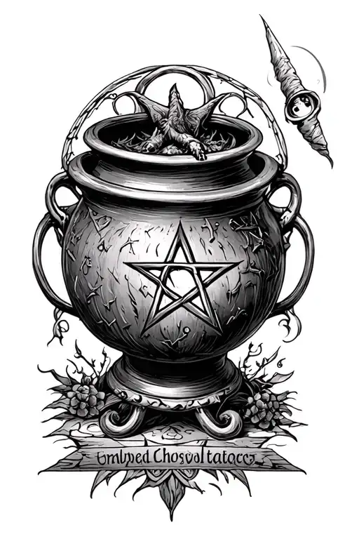 Witch cauldron pentagram intertwined tattoo design idea