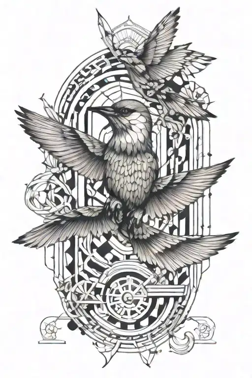 Fine art tattoo with references of: Greece, computer science and swallow bird tattoo design idea