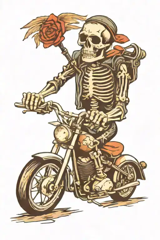 ride or die, skeleton on motorcycle tattoo design idea