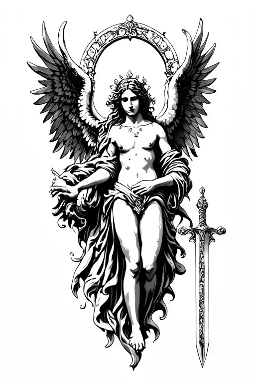 arch angel with sword surrounded holding a soul leaving the body tattoo design idea