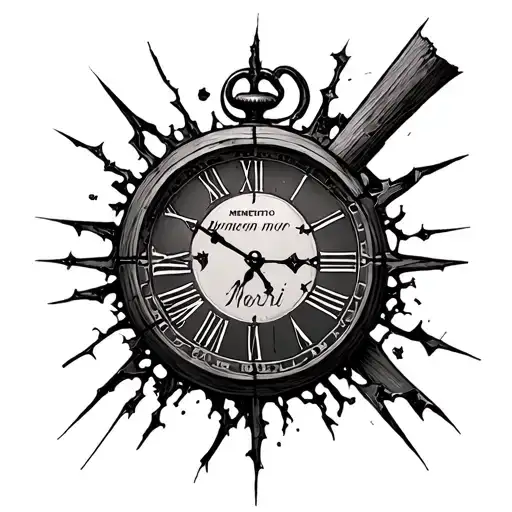 broken clock "memento mori" written tattoo design idea