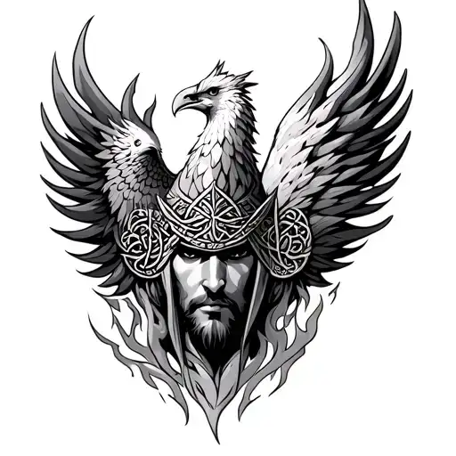 Face of a Celtic warrior surrounded by phoenix flame tattoo design idea