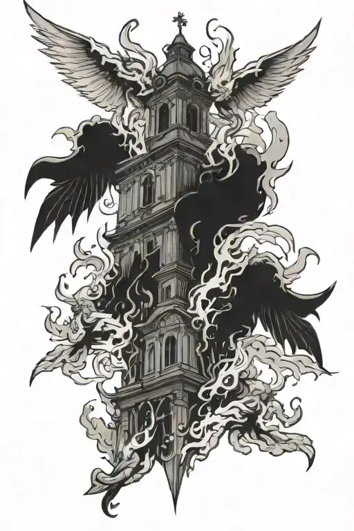 demons flying over a burning church tattoo design idea