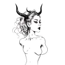 A fine-line gothic interpretation tattoo of a full body, tiny, vintage-style devil woman small horns. pin-up style tattoo design idea