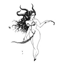 A fine-line gothic interpretation tattoo of a full body, tiny, vintage-style devil woman small horns. pin-up style tattoo design idea