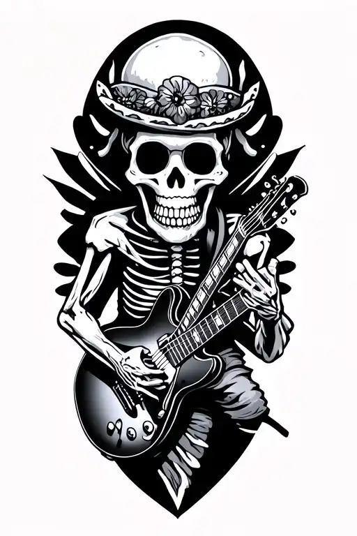 skeleton playing guitar mexican skull tattoo design idea