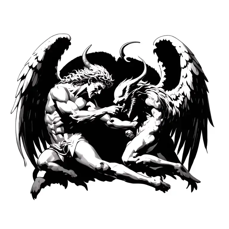 angel and demon fighting realism  tattoo design idea