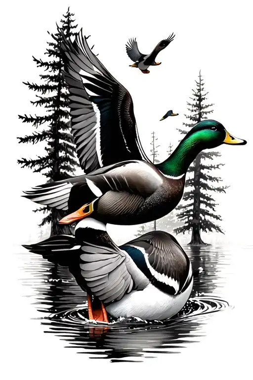 mallard ducks flying with tress in background  tattoo design idea