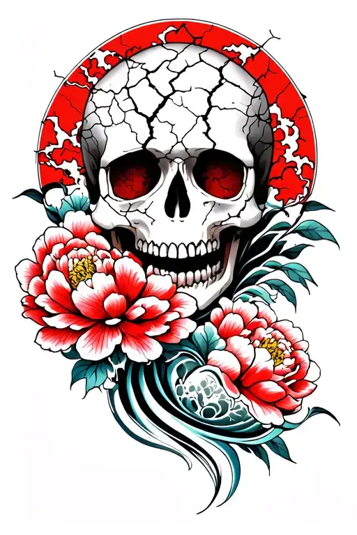 raditional Japanese Irezumi back, skull with cracks,  dynamic black and red waves (nami), peonies tattoo design idea