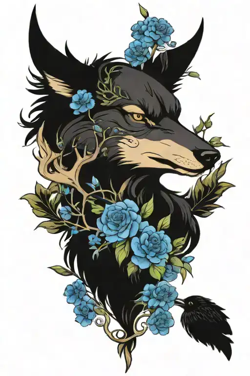 wolf and deer, on the deer's antlers sits a black raven with blue flowers tattoo design idea