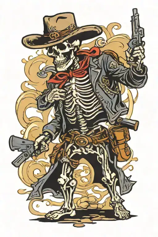 full body skeleton western gun slinger with a mustache and one arm behind back tattoo design idea