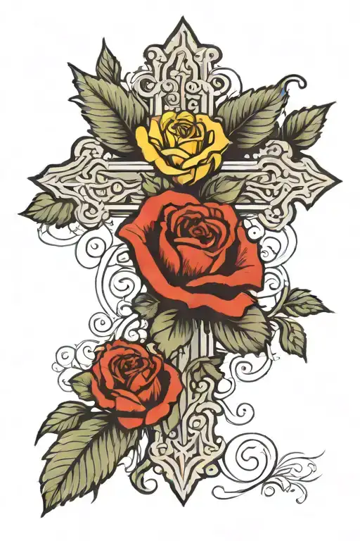 cross tattoo with a yellow rose and a red poppy with little black poppy seeds on top of the cross  tattoo design idea