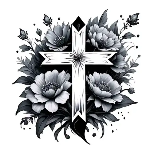 Negative Space Cross surrounded by flowers growing tattoo design idea