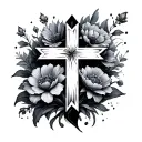 Negative Space Cross surrounded by flowers growing tattoo design idea