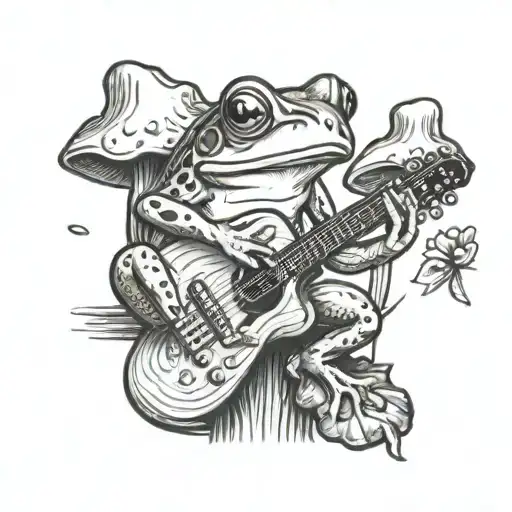 frog playing acoustic guitar on a toadstool  tattoo design idea