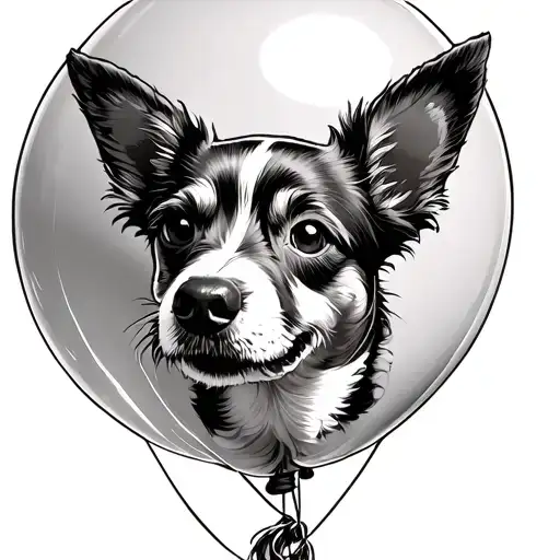dog tied to balloon floating up into sky tattoo design idea