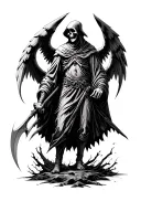 wood etched grim reaper with 12 wings and holding a sharp scythe  tattoo design idea