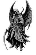 wood etched grim reaper with 12 wings and holding a sharp scythe  tattoo design idea