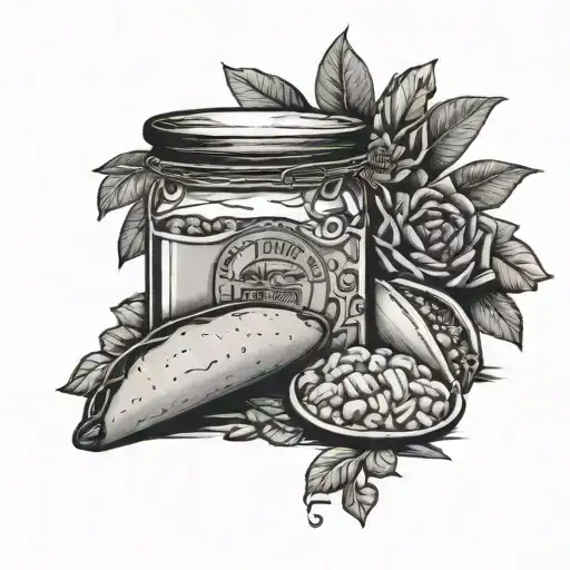 vitrolero jar , the taco, and the Mexican sweet bread (concha)  tattoo design idea