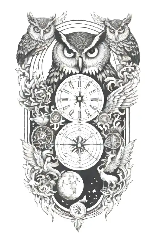 earth, moon, compass, time, owl, phoenix tattoo design idea