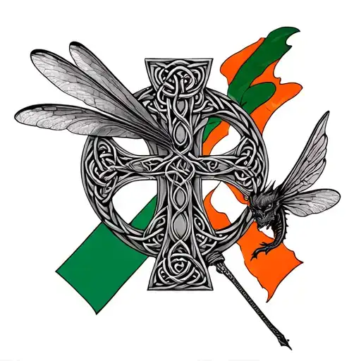 Celtic cross with Irish and Scottish flags with a dragon fly incorporated  tattoo design idea