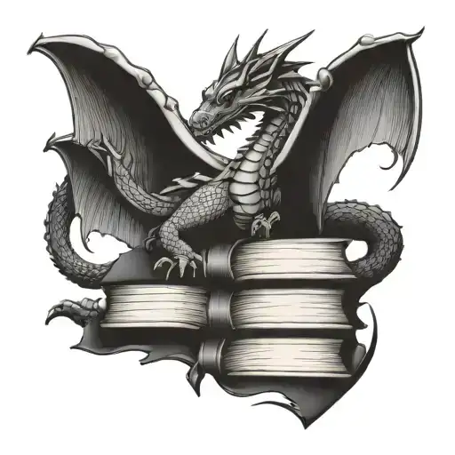 fine line book stack with dragon flying tattoo design idea
