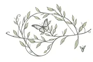 A minimalist tattoo design in a bracelet shape with Olive tree branch, Butterfly and thorns tattoo design idea