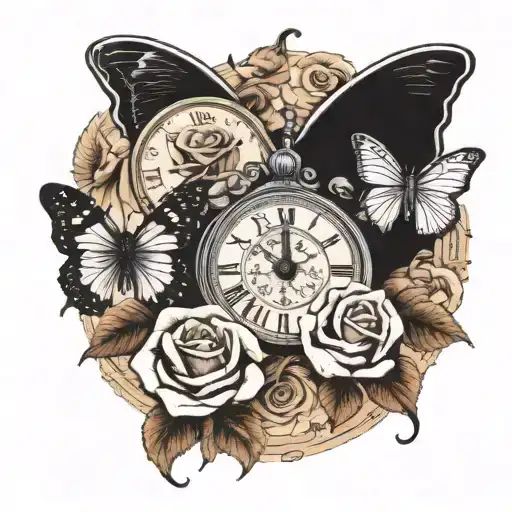 skulls roses butterfly & clock tattoo design idea