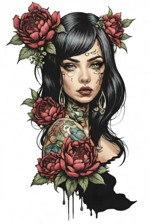 a beautyfull girl with flowered hairs, centered, peonies, goth style, acrylic color painting, highly detailed fac tattoo design idea
