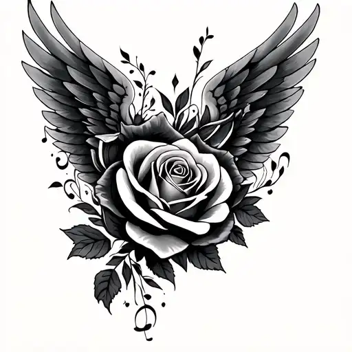 Rose tendrils, wings, musical grade, mandala tattoo design idea