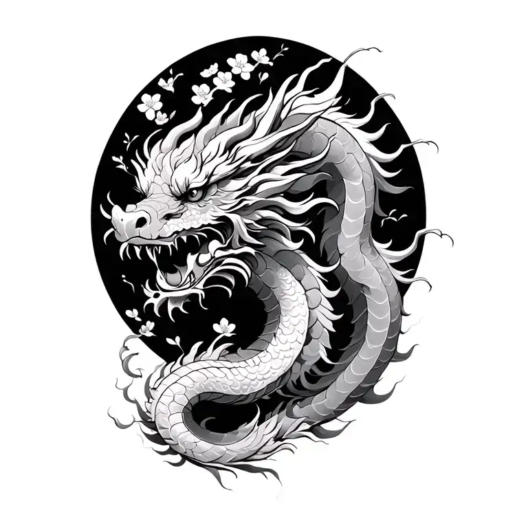 chinese dragon and cherry blossom tree tattoo design idea
