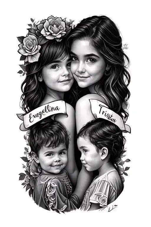 lower forearm tattoo for female featuring children's names: Evangelina and Tristan tattoo design idea