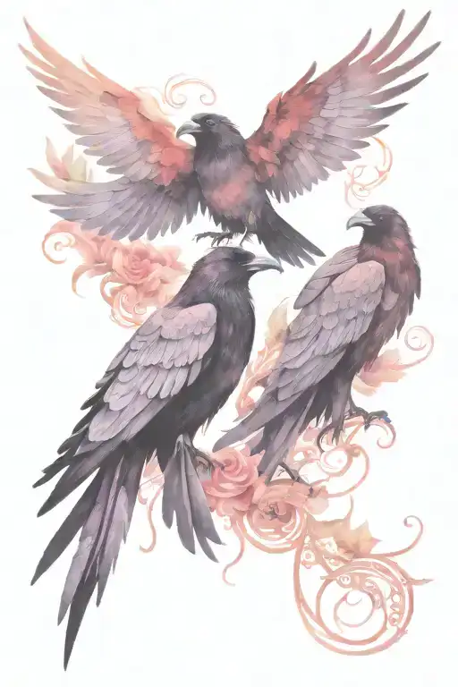 Araven and a crow circling together in dark, ominous motion, with black feathers and intricate detailing. The background tattoo design idea