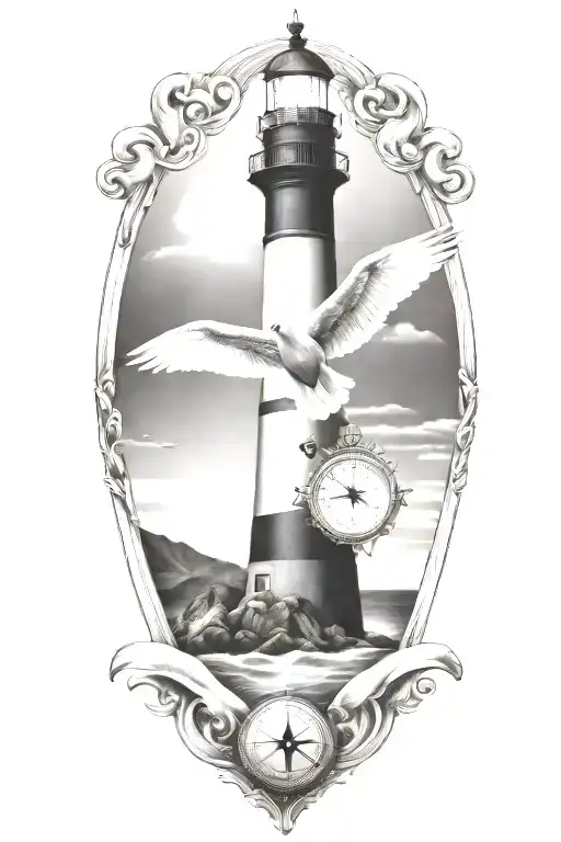 lighthouse, compass, heart, calm ocean, beach, seagull tattoo design idea