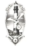 lighthouse, compass, heart, calm ocean, beach, seagull tattoo design idea