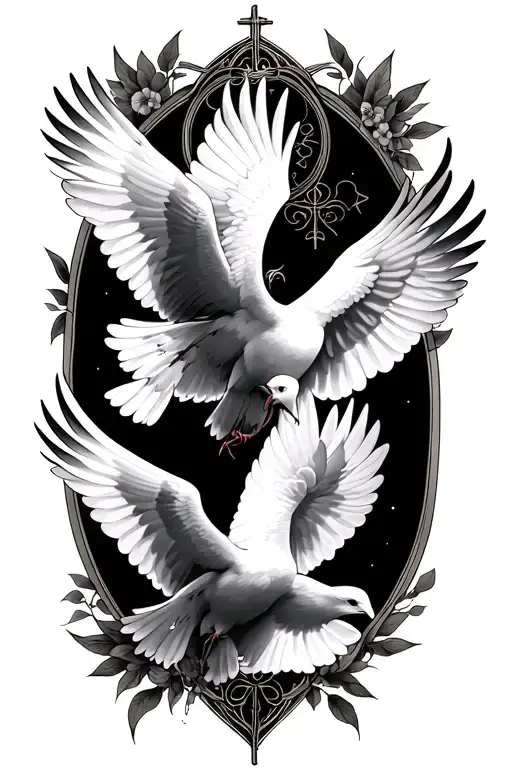 Realistic black and grey tattoo design, highly detailed shading, sacred and spiritual theme. At the top, majestic doves  tattoo design idea
